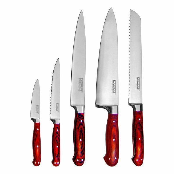 SET DI COLTELLI DA CUCINA 5 PEZZI | MANICO IN PAKKAWOOD CON ESTREMITÀ FRASTAGLIATA